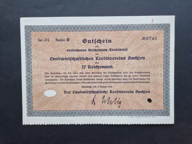 Gutschein  Kreditbrief Landwirtsch. Kreditverein Sachsen 17 RM 1930 S.24 Dresden