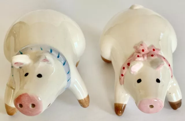 Ceramic Pigs Salt and Pepper Shakers Pink and Blue Collars Taiwan SOME DAMAGE