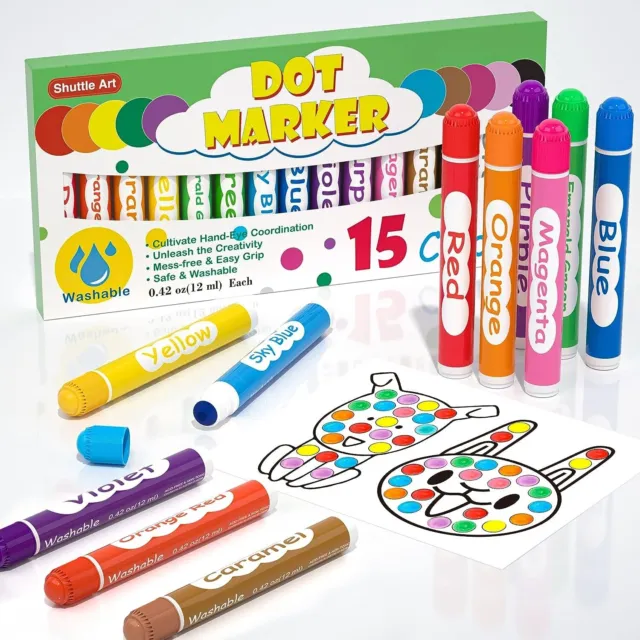 Dot Markers Set, Shuttle Art 15 Colours Washable Dot Markers for Toddlers, Non T