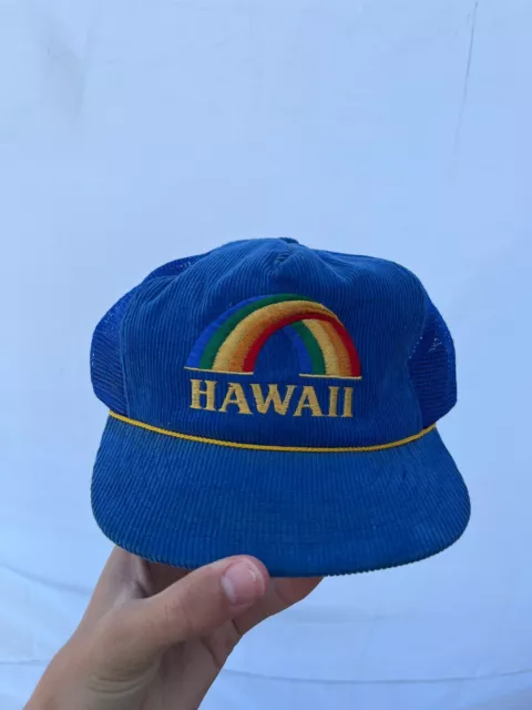Vintage 80s Hawaii Rainbow Snapback Trucker Hawaiian Headwear Blue Corduroy Hat