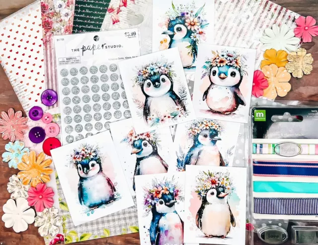 Mega lote de pegatinas de pingüinos y flores-diario basura, fabricación de tarjetas, álbum de recortes