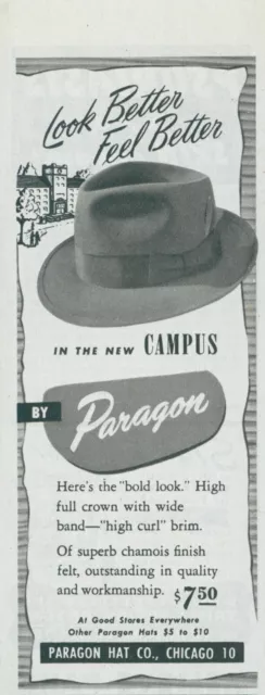 1948 Paragon Hat Campus Bold Look High Curl Brim Chamois Vintage Print Ad C12