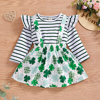 St Patrick’s Day Toddler Baby Kid Girl Clothes Set Clover T-shirt Floral Skirts