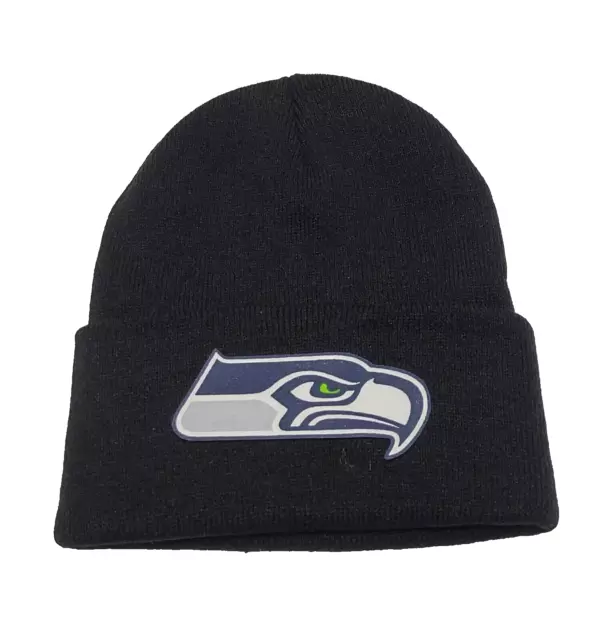 Seattle Seahawks flat applique logo on Black beanie  cap hat. See details