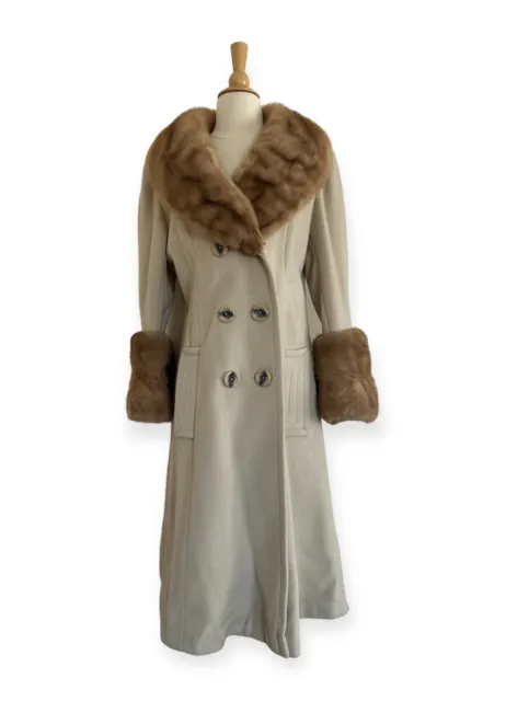 VINTAGE 70S JACOBSONS Wool Coat Fur (Mink?) Collar & Cuff Sz S/M Cream ...