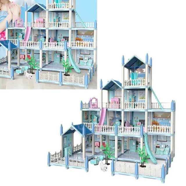 Dollhouse Playset Light Up DIY Toy Blue Doll Villa House Play Set
