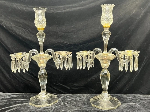 Antique Monumental Pair 23" Cut Crystal Candelabra Girandole Four Light 40 Drops