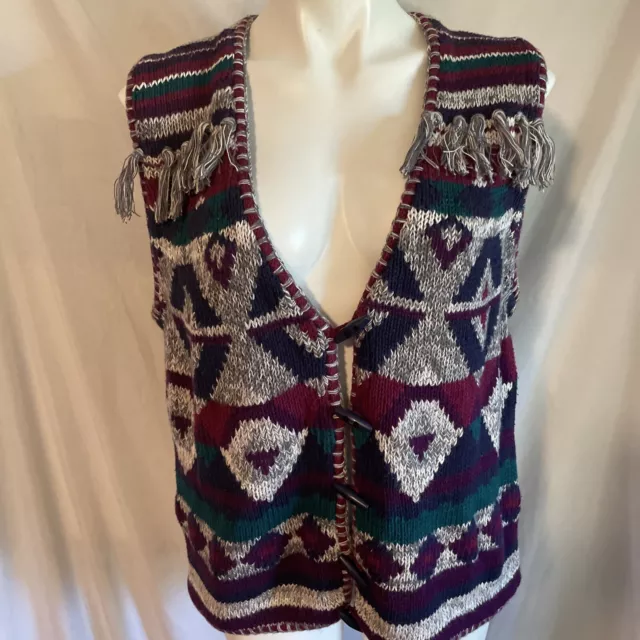Vtg Sweater Vest Womens M Purple Aztec Southwestern Toggle Buttons Fringe Dutton
