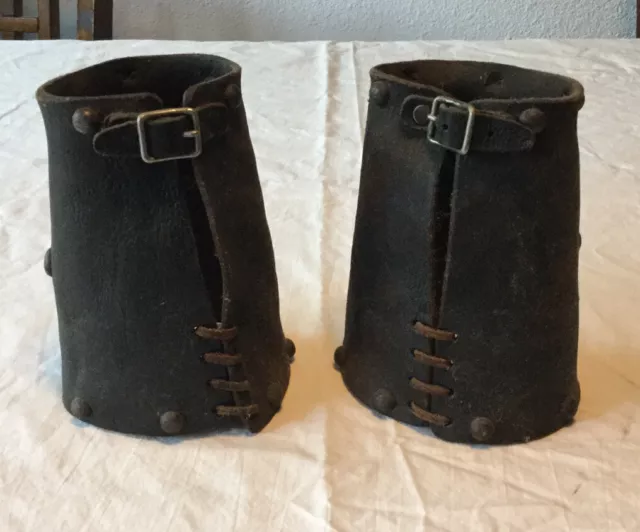 Real Vintage Western Americana Cowboy Leather with Metal Tack Forearm Cuffs 2