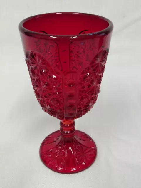 A Fenton LG Wright RUBY RED Daisy Button Thumbprint Panel Glass Stem WINE GOBLET