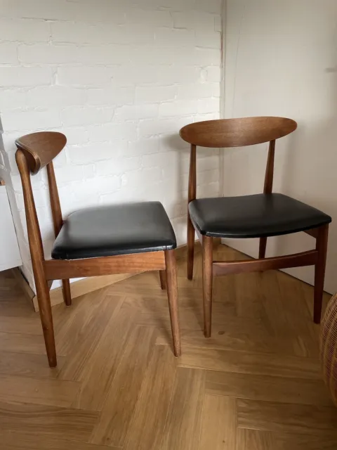 Pair of Vintage Mid Century Danish Teak & Black Vinyl Dining Chairs VGC 1960’s
