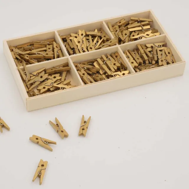 Pinzas de madera para ropa, abrazadera para ropa dorada en caja de madera, 144 piezas, longitud: aprox. 2,5 cm