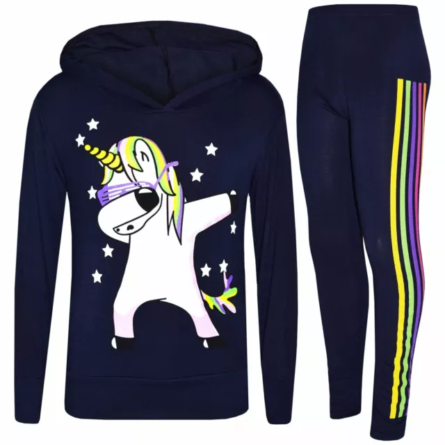 Kids Girls Tracksuit Unicorn Rainbow Dab Floss Navy Top Legging Xmas Set 7-13 Yr