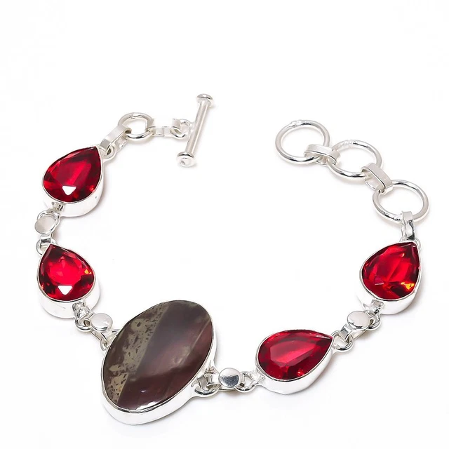 Dragon Jasper, Garnet Gemstone Handmade Ethnic Gift Bracelet 7-8" SK-12565