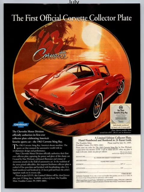 Franklin Mint The 1963 Corvette Sing Ray Collector Plate 1995 Full Page Print Ad