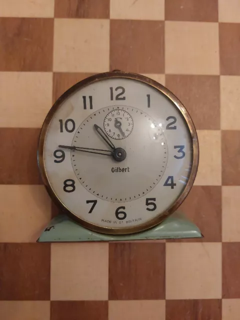 Vintage Made in Great Britain Gilbert Green Metal Alarm Clock
