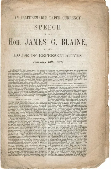 UNE MONNAIE PAPIER IRRÉDEEMABLE - 1876 Discours de JAMES J. BLAINE sur billets verts