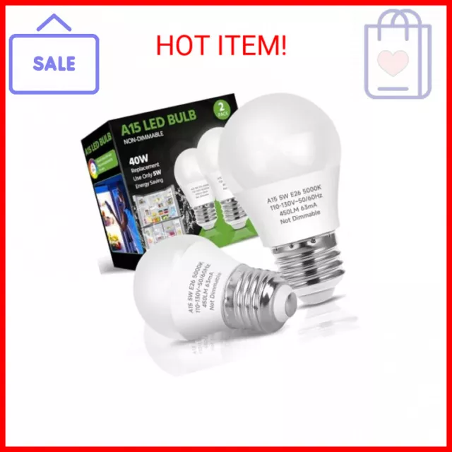 LED Refrigerator Light Bulb, 40W Equivalent A15 Bulb, 5W Daylight 5000K E26 Medi