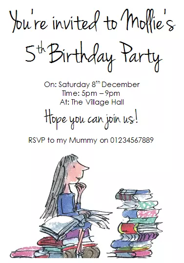 personalised paper card party birthday invites invitations ROALD DAHL MATILDA #1