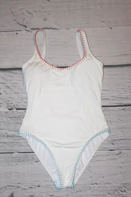 Lucky Brand Embroidered Edge Contrast Stitch Low Back One-Piece Swimsuit White M