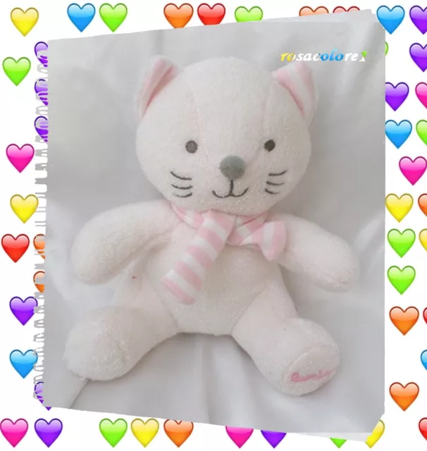 Doudou Peluche Chat Assis Rose Echarpe Rayures Blanc Jemini Luminou