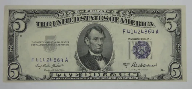 Series 1953-A $5 Blue Seal Silver Certificate Note CRISP UNC Fr#1656