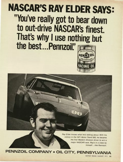 1971 PENNZOIL Racing Motor Oil RAY ELDER Motor Trend 500 NASCAR Vintage Print Ad