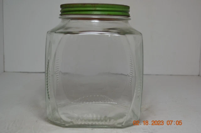 Original Green Lidded Hoosier Glass Ribbed Square Jar Canister