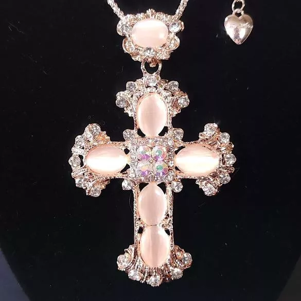 Pink Cat Eye Gold Decorative Cross Betsey Johnson Enamel and Rhinestone Necklace