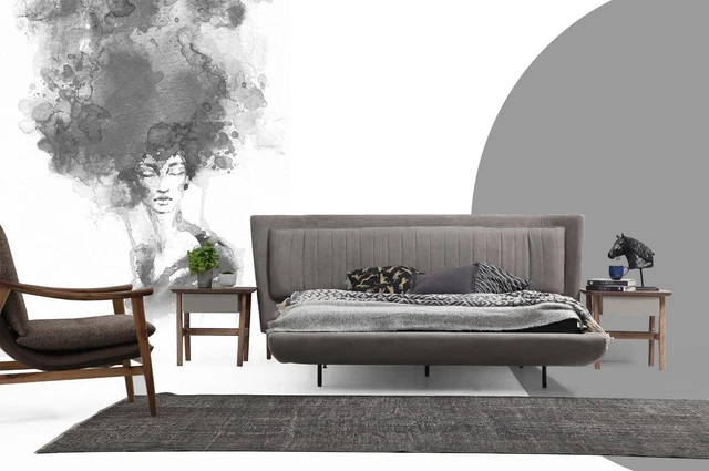 Ensemble Chambre à Coucher Lit Double Lit Nachttische Gris Set 3tlg Tissu