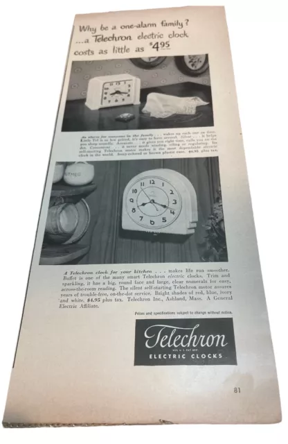 Vintage 1949 Telechton Electric Clocks Print Ad 5.5” X 14” C .07