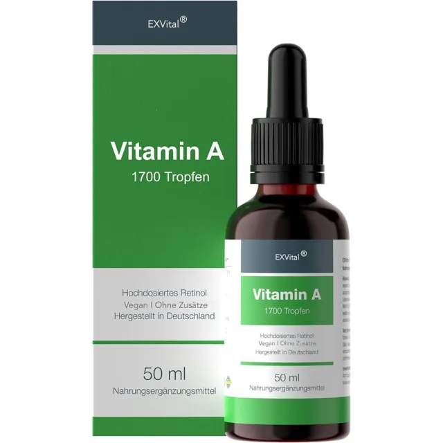 Vitamin A Tropfen, 5000 I.E (1500 µg), hochdosiertes Retinol - Vegan, flüssig