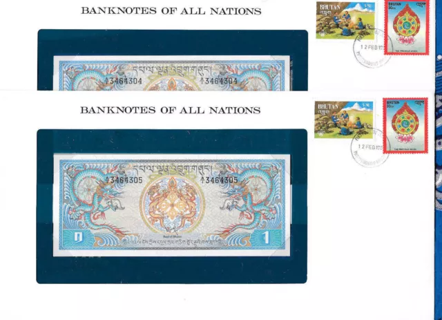 Banknotes of All Nations Bhutan 1981 1 Ngultrum P-5 UNC Prefix A/1 2 Consecutive