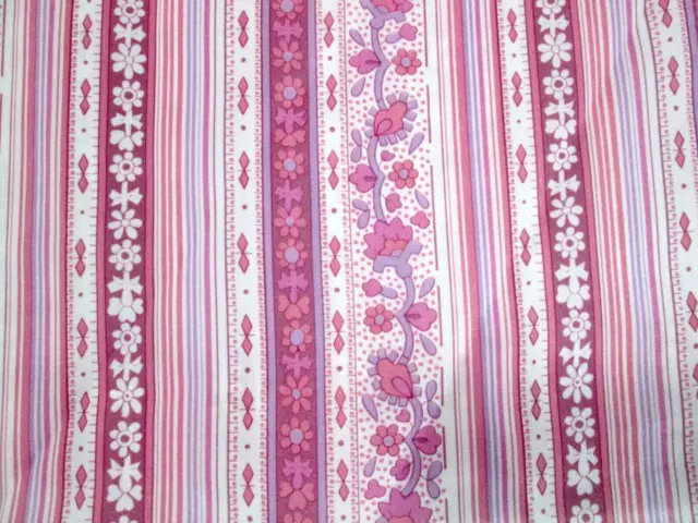 Vintage 70s 80s Silky Polyester Fabric Pink Purple Floral Stripe Bemrose Braid