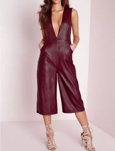 Women Real Lambskin Leather Festive Party Wear Best Stylish Burgundy Jumpsuit