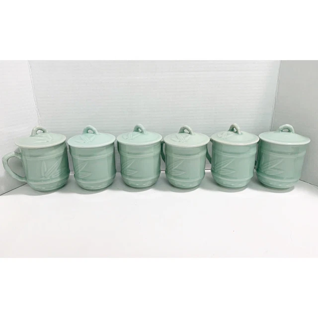 Celadon Mug Cup Lid Green Bamboo Design Tea Coffee Set of 6 Glazed Chinese Vtg