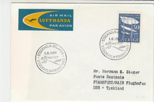 Sweden 1964 Boeing Jet Flight Stockholm-Frankfurt Airmail Stamps Cover Ref 29400