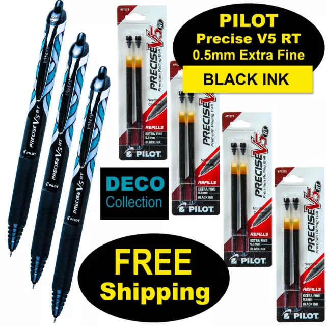 Pilot Precise V5 RT DECO 3 Pens, 4 Packs of Refills, Black Ink, 0.5mm Extra Fine