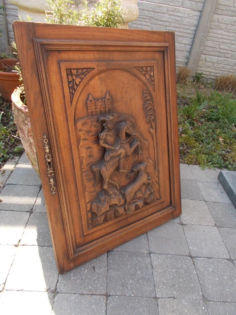 French Antique Hand Carved Large Wood Door Panel -  Horse Man Hunting Sculpture 6