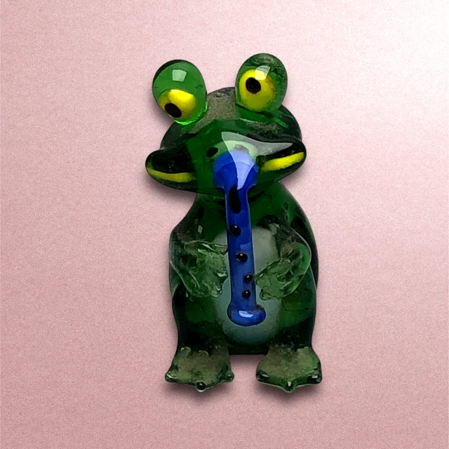 Blown Glass Green Frog Plays Flute Musician Figurine Art Animal Mini Handmade