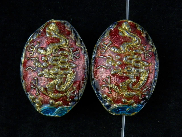 Pair Fine Chinese Brass Inlay Cloisonne *Dragon* 2Faces Pendants PP106