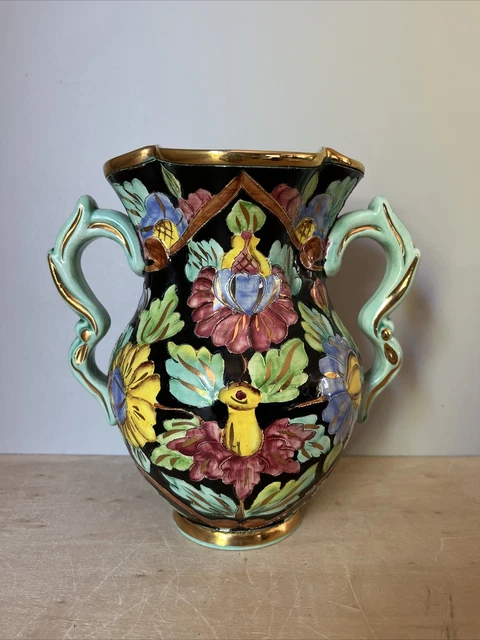 Vase à Anses en Faïence de Monaco Cerart Signé et Numéroté Motifs Fleurs Vintage