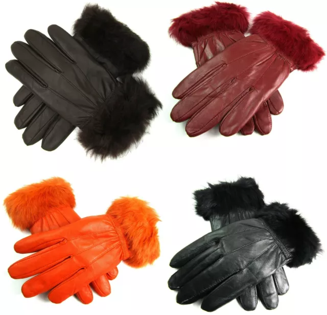 Neuf Femmes Véritable Super Doux Fausse Fourrure Cuir Bordure Gants Doublé Hiver