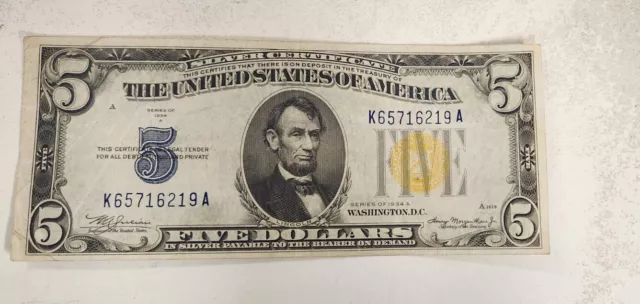 1934 A $5 Five Dollars North Africa yellow silver certificate currency ww2