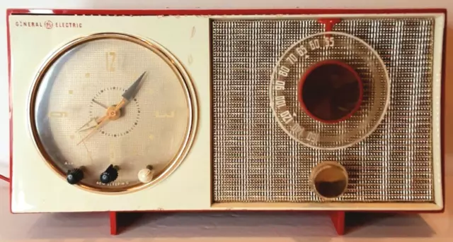 General Electric Red & White Alarm Clock Tube Radio Mid Century Modern Decor