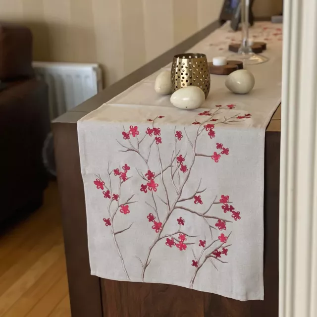 Luxury Faux Linen Embroidered Table Runner Natural Beige Red Floral Leaves Long