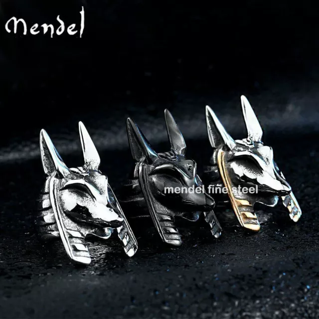 MENDEL Mens Egyptian Gold Plated Black Anubis Ring Men Stainless Steel Size 7-15