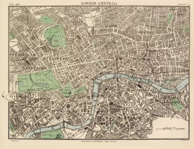 Vintage Map Of CENTRAL LONDON Poster 1880 Encyclopedia Britannica 17x22" Reprint