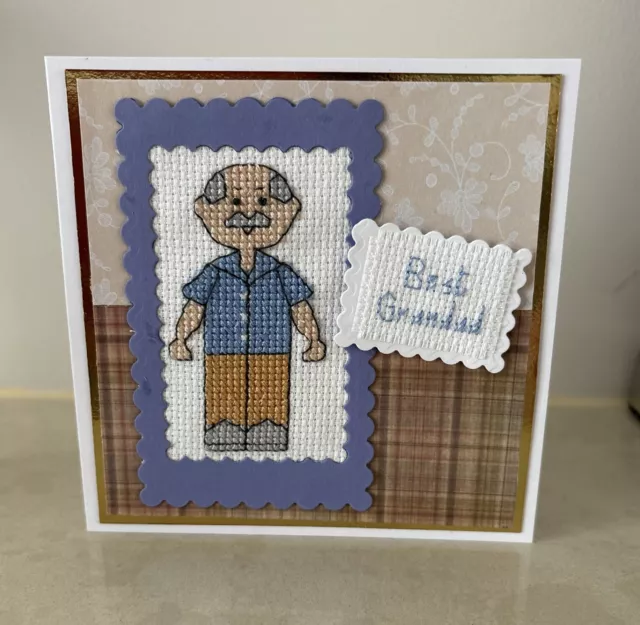 Best Grandad Hand Stitched Cross Stitch Greeting Card **NEW**