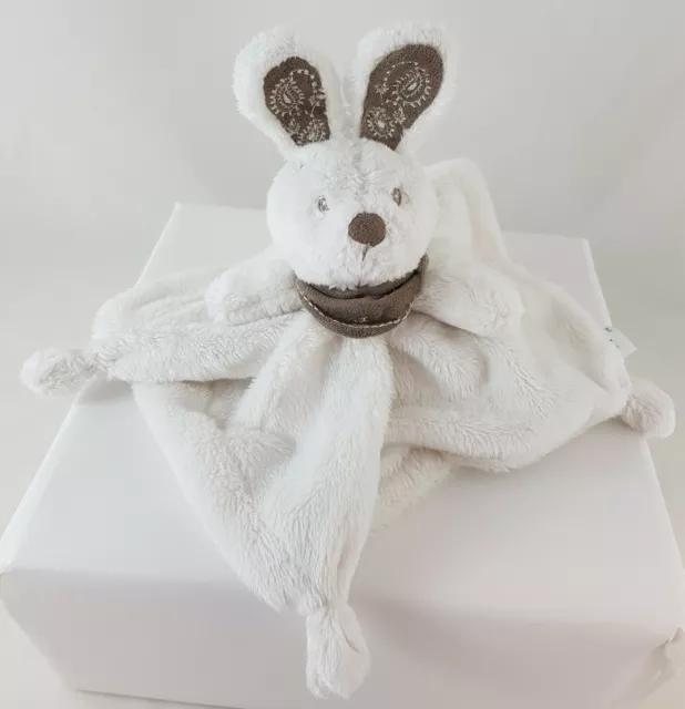 Doudou peluche LAPIN plat blanc bandana marron NICOTOY SIMBA broderie comme neuf